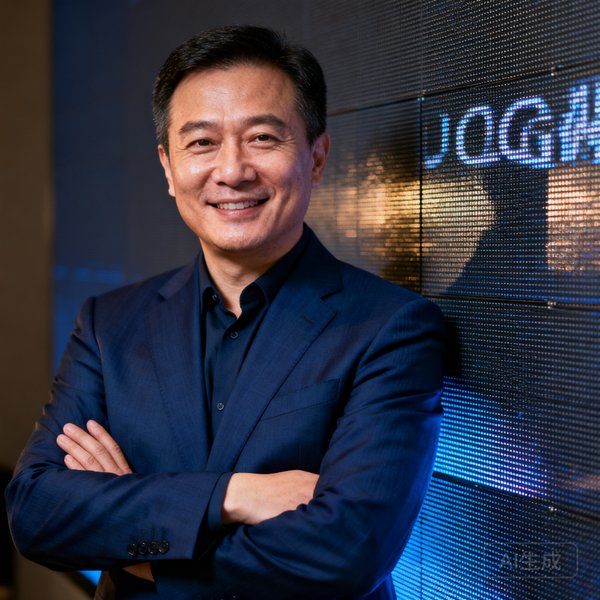 OG视讯首席运营官张振宇，四十五岁男性，穿着深蓝色西装，双臂交叉站立在一面已完成安装的大型LED屏幕前，微笑中透露出沉稳。